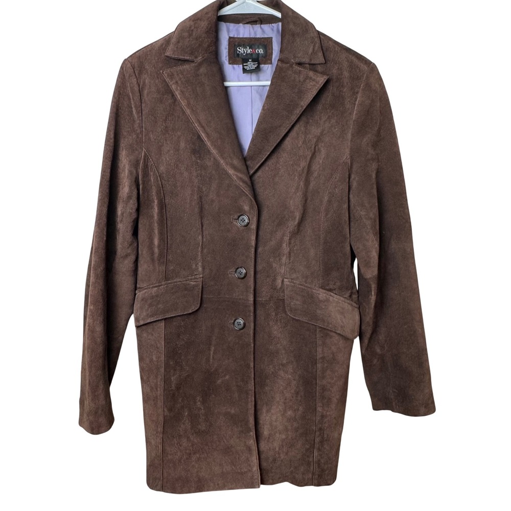 Style & Co Jacket Women M Brown Suede Leather Longline Blazer Coat